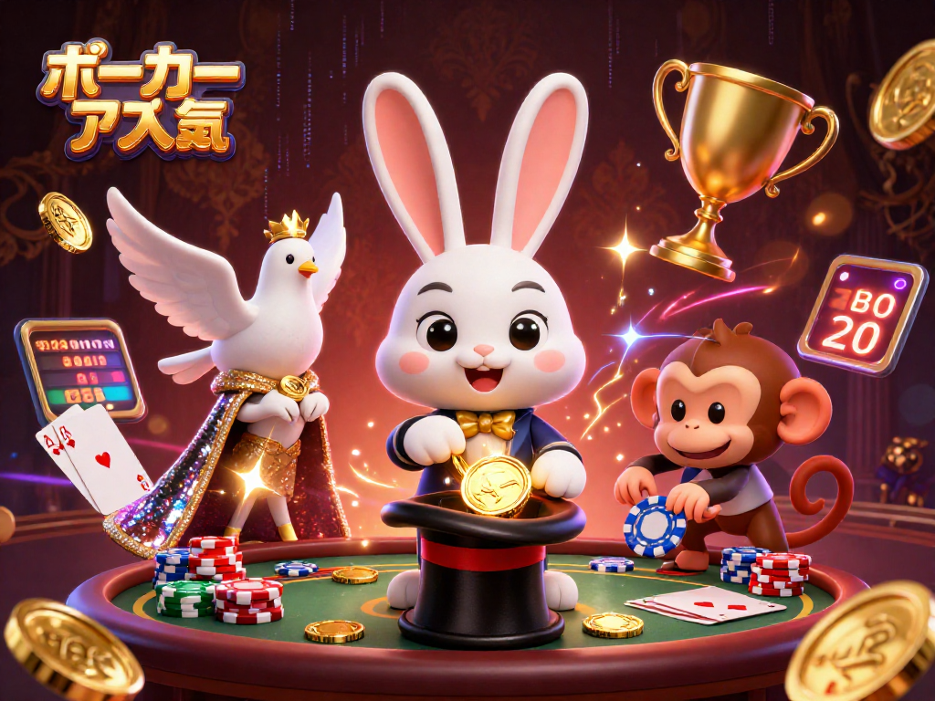 ポーカーアプリ 人気で人気のポーカーゲームを楽しむキャラクターたちが勢いよく飛び交う賑やかなシーン