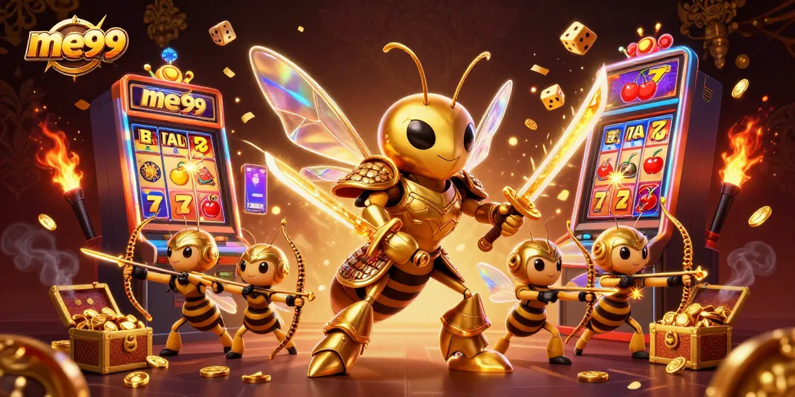 Win big and explore me99's captivating slots with vibrant 3D illustrations of golden hornets and exciting game elements.