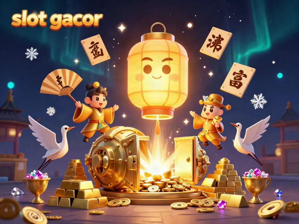 Experience slot gacor in a vibrant scene filled with a golden lantern and treasure bursting with wealth.
