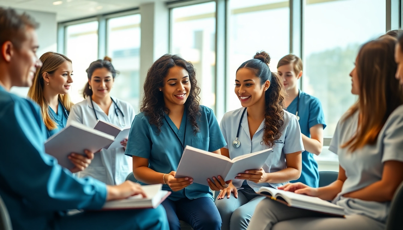 Students studying at the Houston Trusted Nclex review center, emphasizing collaboration in a bright classroom.