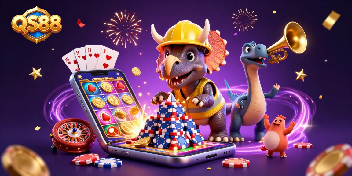 Experience the excitement of QS88 with a vibrant 3D casino scene featuring thrilling gaming elements.