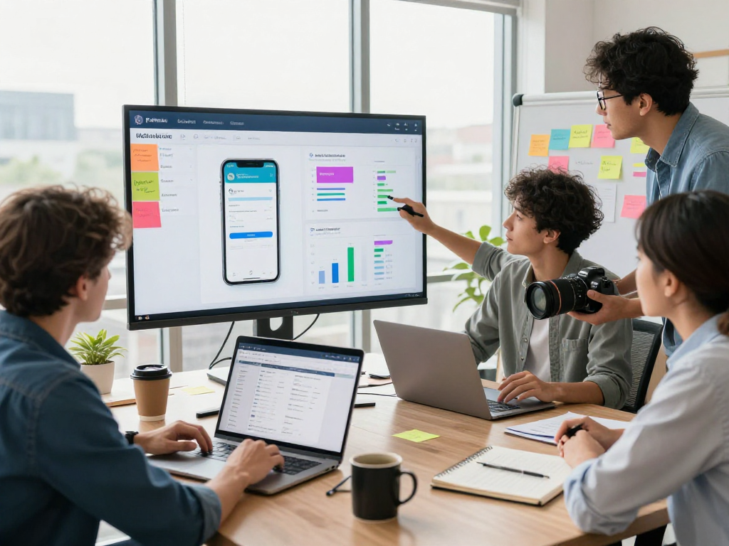 Purchase app downloads showcased in a vibrant office setup with a marketing team collaborating.
