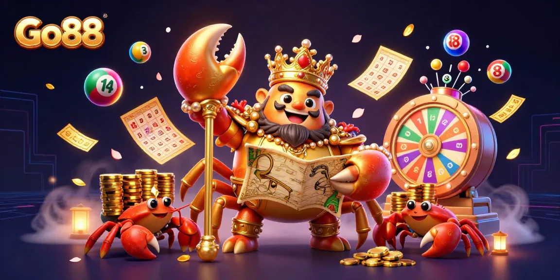 Go88 engages players with colorful lottery balls and a golden crab emperor in a lively casino scene.