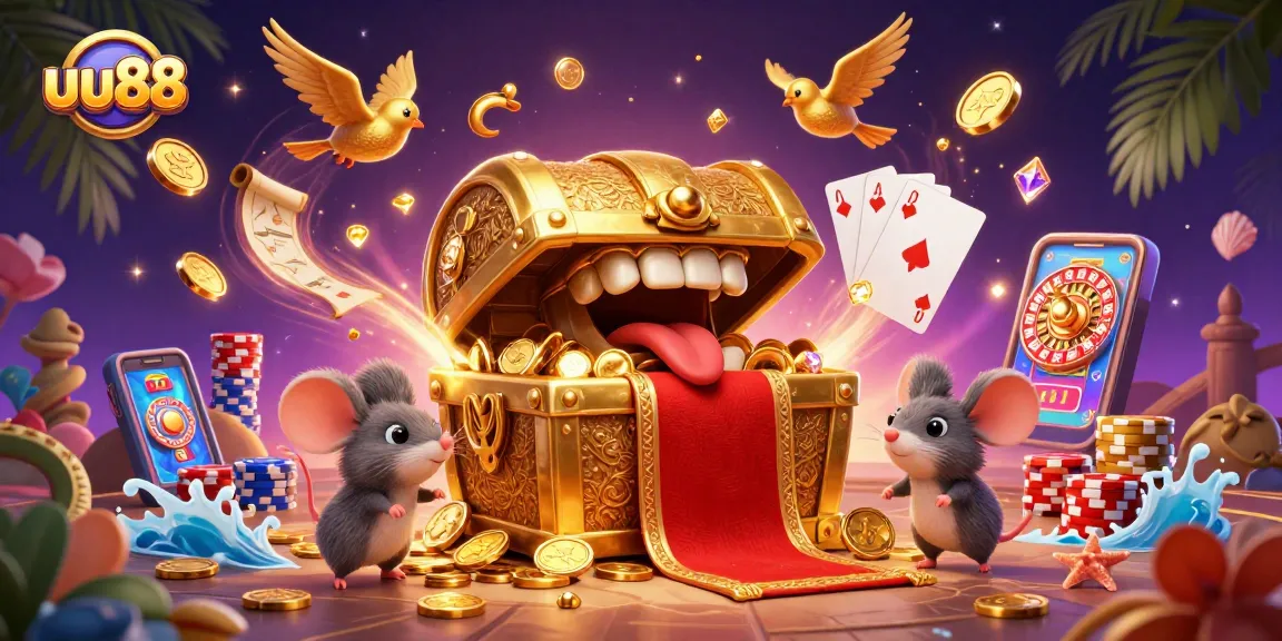 Engage in thrilling gameplay at uu88, featuring a dynamic scene with golden treasures and casino elements.
