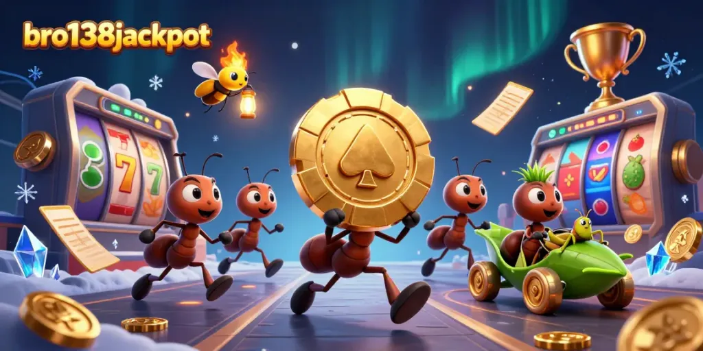 Bro138jackpot ants heist illustration with slot reels and casino elements.