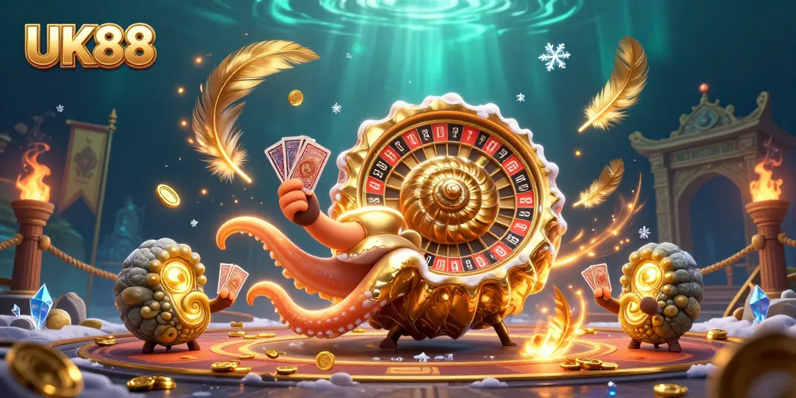 Experience thrilling gameplay with UK88's ancient giant nautilus and roulette wheel in a vibrant casino scene.