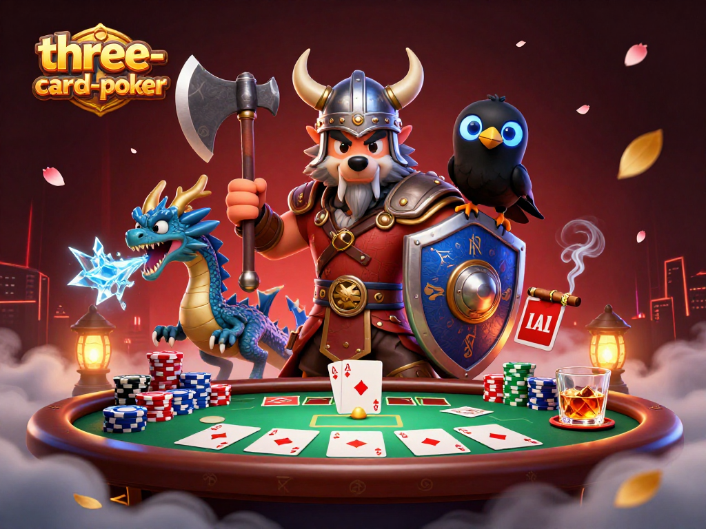 Experience three-card-poker with a Viking wolf, dragon, and poker elements in a vibrant 3D illustration.