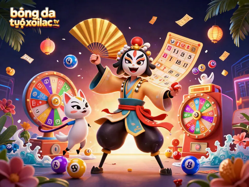 Engage with bóng đá trực tuyến xoilac tv as a vibrant, dynamic illustration of a kabuki warrior and kitsune, surrounded by colorful gambling elements.