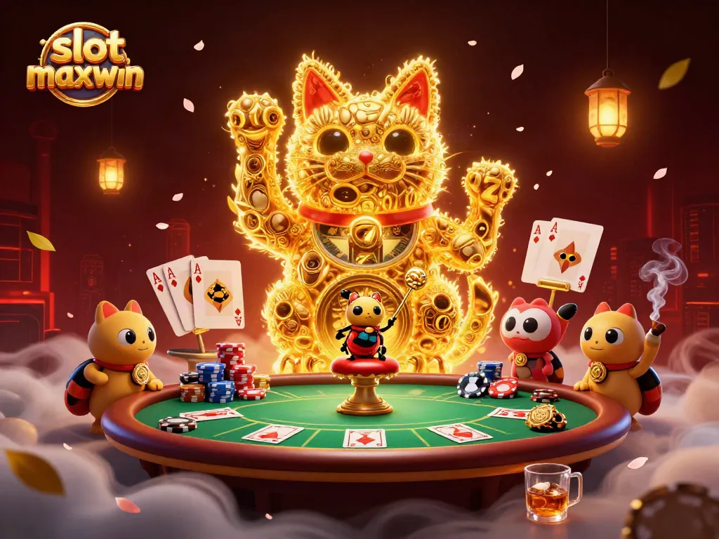 Experience the thrill of slot maxwin with a golden cat and vibrant casino elements, showcasing gaming excitement.