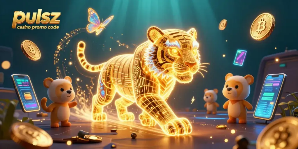 Pulsz casino promo code featuring a neon tiger in a vibrant casino with digital assets.