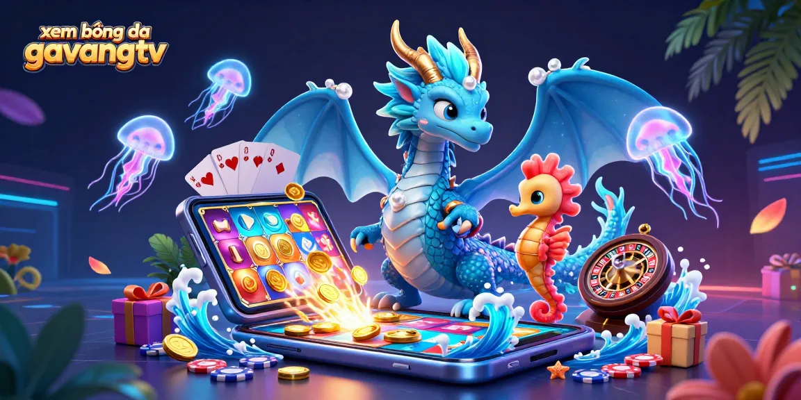 Xem bóng đá gavangtv showcases a vibrant 3D fantasy scene of gaming with a dragon, seahorse knight, and glowing jellyfish.