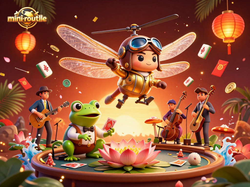 Experience mini-roulette excitement with a vibrant casino-themed illustration featuring a dragonfly pilot and frog dealer.