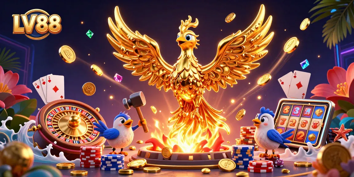 Experience winning moments with LV88 as the golden phoenix of fortune brings luck and joy in a vibrant casino setting.
