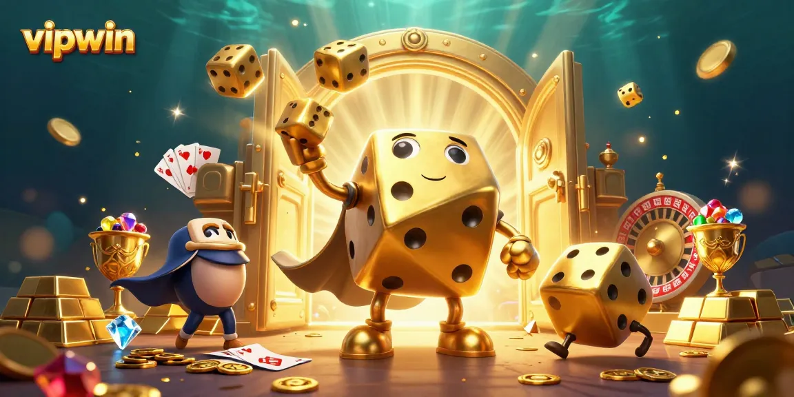 Experience thrilling gameplay at vipwin with a golden dice golem and vibrant casino elements.