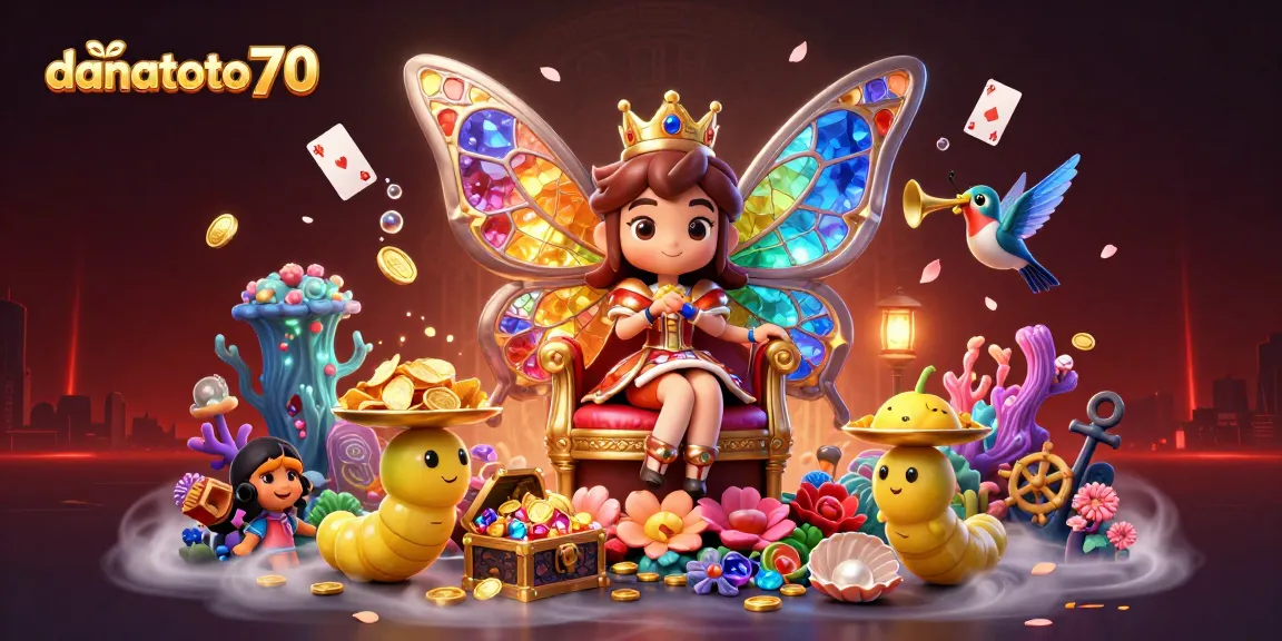 Engage with danatoto70's vibrant casino scene featuring a butterfly queen amid treasure and chips.