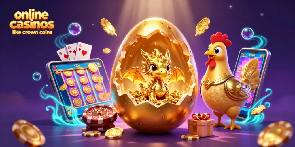 Engage with online casinos like crown coins while enjoying a vibrant scene of a golden dragon and gaming elements.