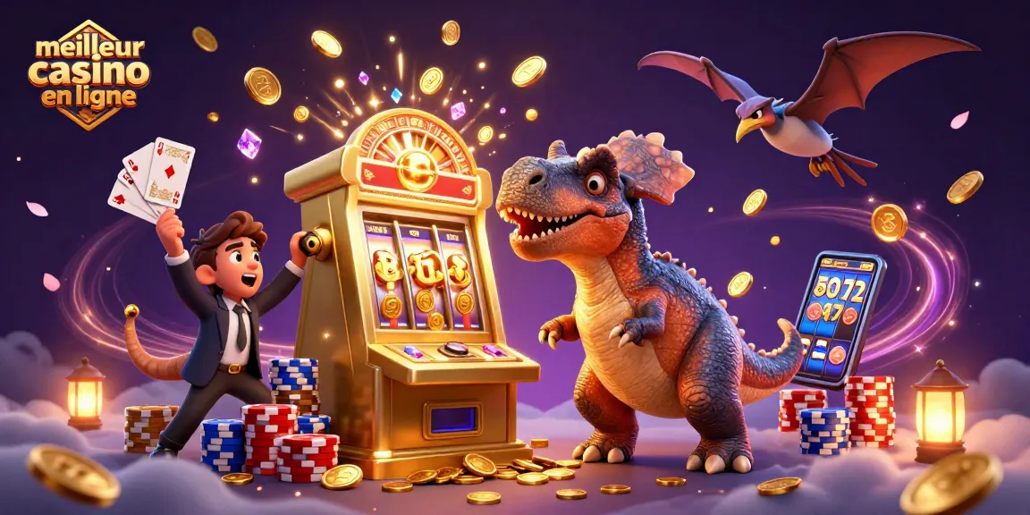 Visuel captivant du meilleur casino en ligne avec un pachycéphalosaurus attaquant une machine à sous dorée.