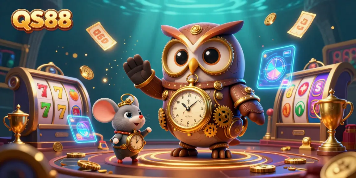 Engage in exhilarating gameplay at QS88, where a whimsical owl and mouse navigate vibrant slot machines in a surreal casino.