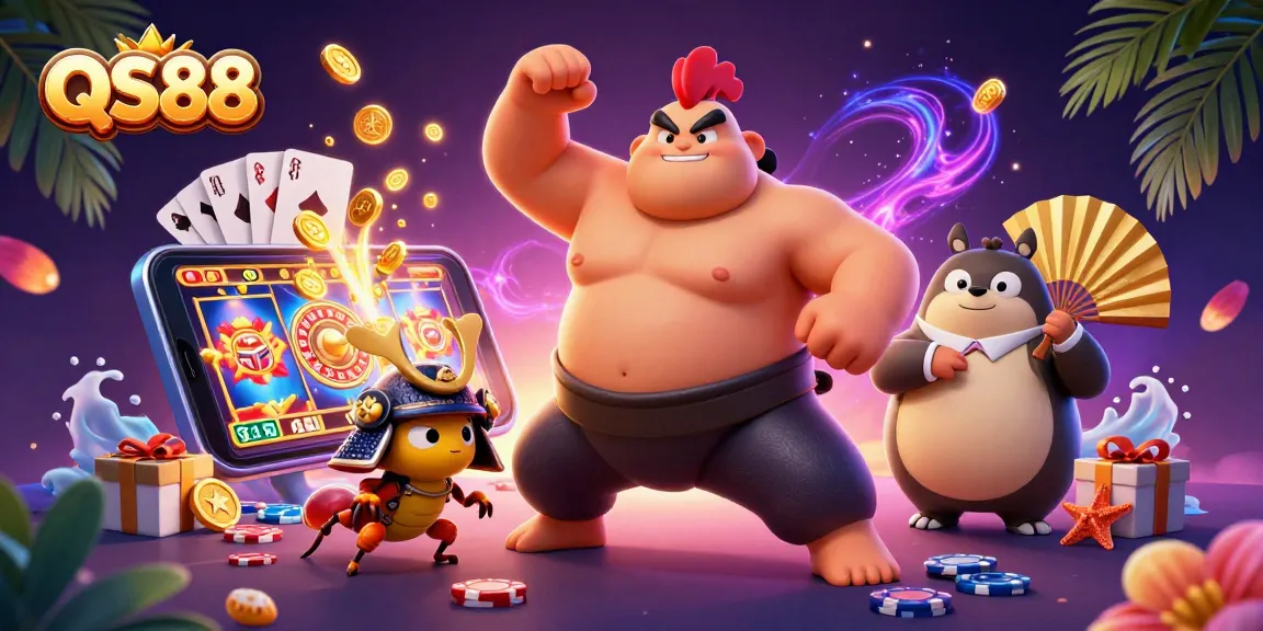 Engage in thrilling action with QS88's dynamic gaming scene featuring a sumo rooster and samurai cricket.