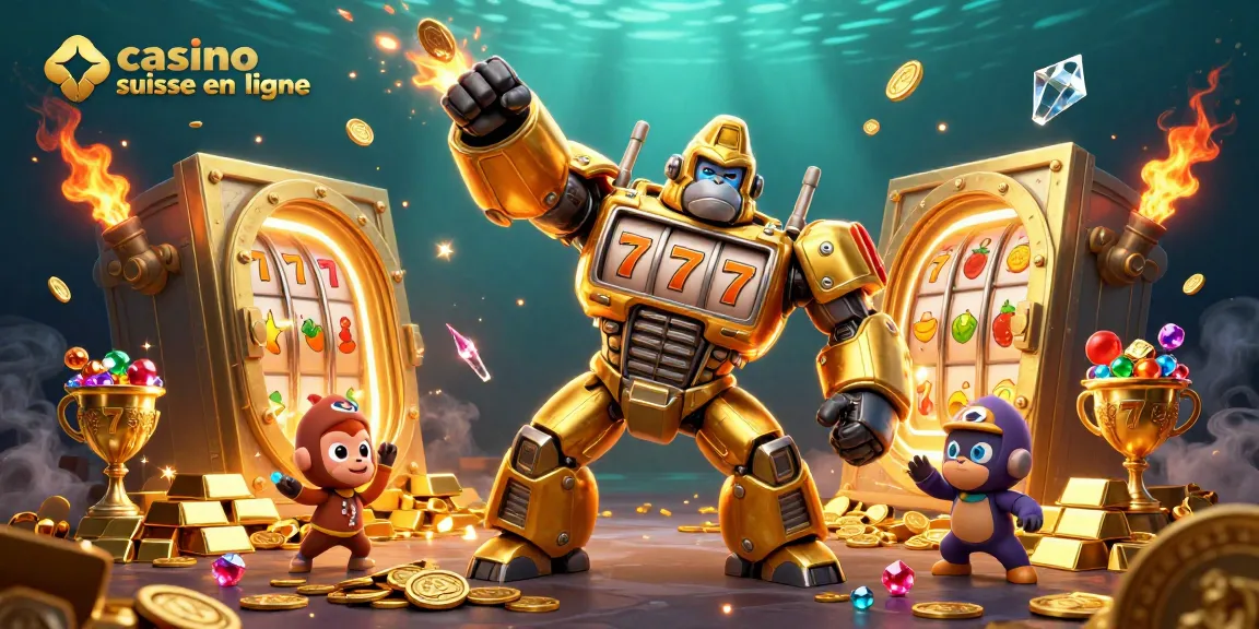 Gagnez avec le casino suisse en ligne grâce à un gorille mech en or entouré de trésors.