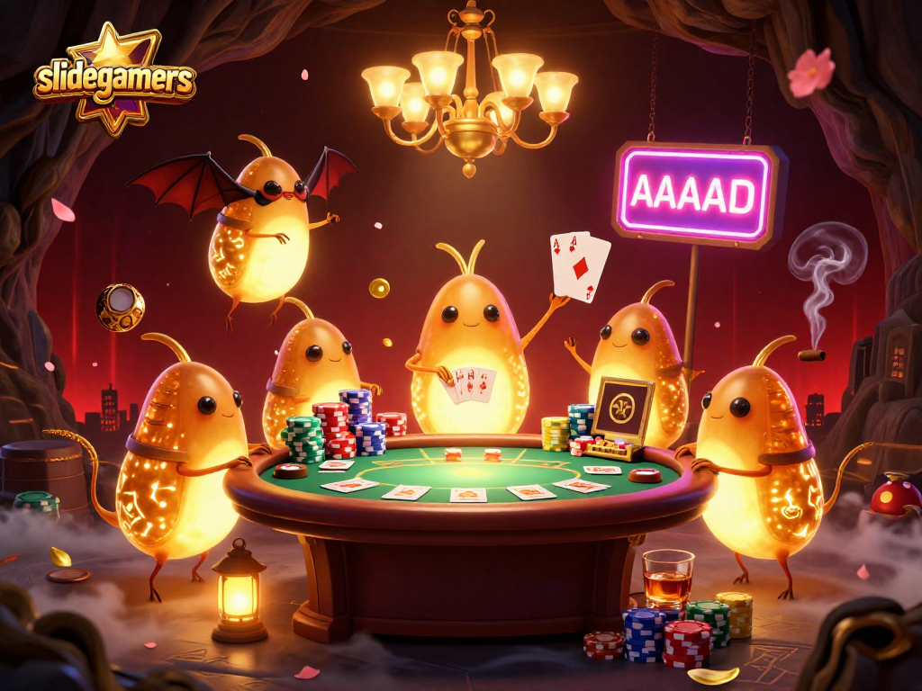 Slidegamers' glowworms and bat dealer create an engaging poker scene in colorful cave casino.