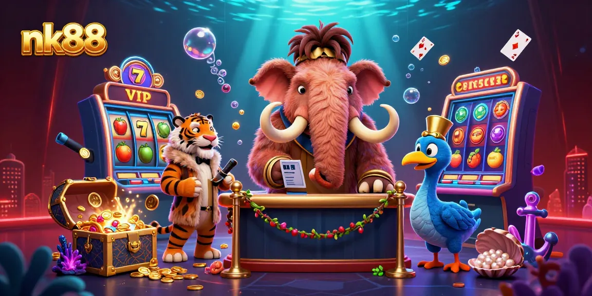 Experience exciting wins at nk88 with vibrant characters and casino elements in a dynamic illustration.