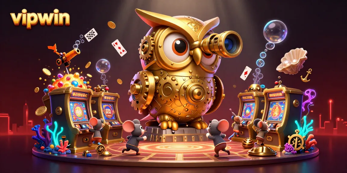 Experience the thrill of vipwin with a dynamic 3D illustration showcasing unique casino elements and characters.
