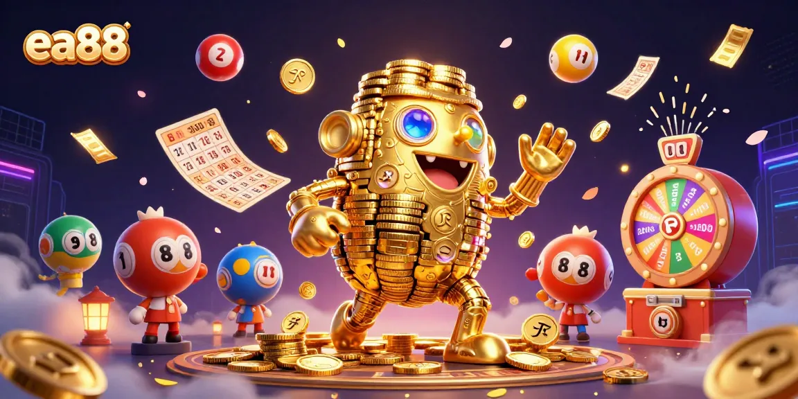 Win big with ea88 in this vibrant and energetic casino scene featuring lottery balls and a golden golem.