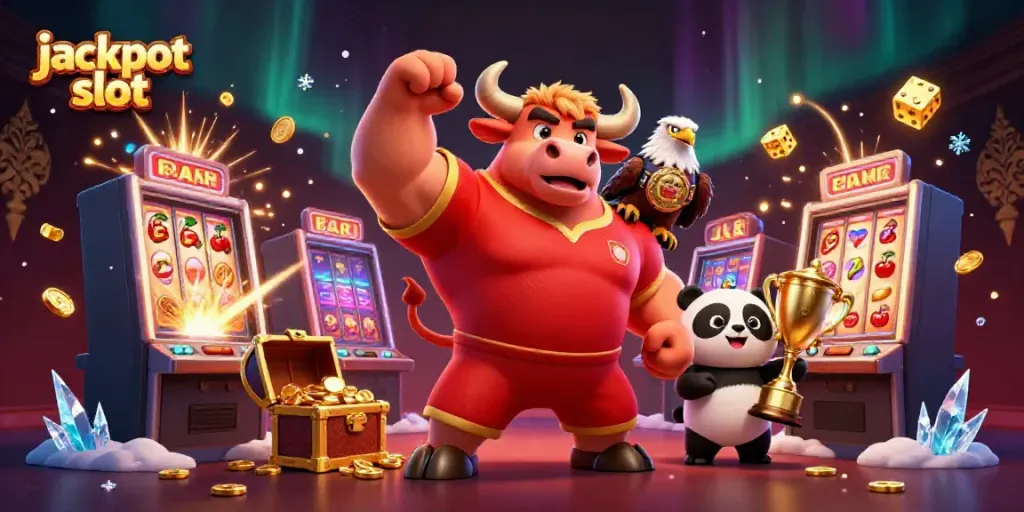 Celebrate big wins with jackpot slot characters enjoying overflowing coins and lights.