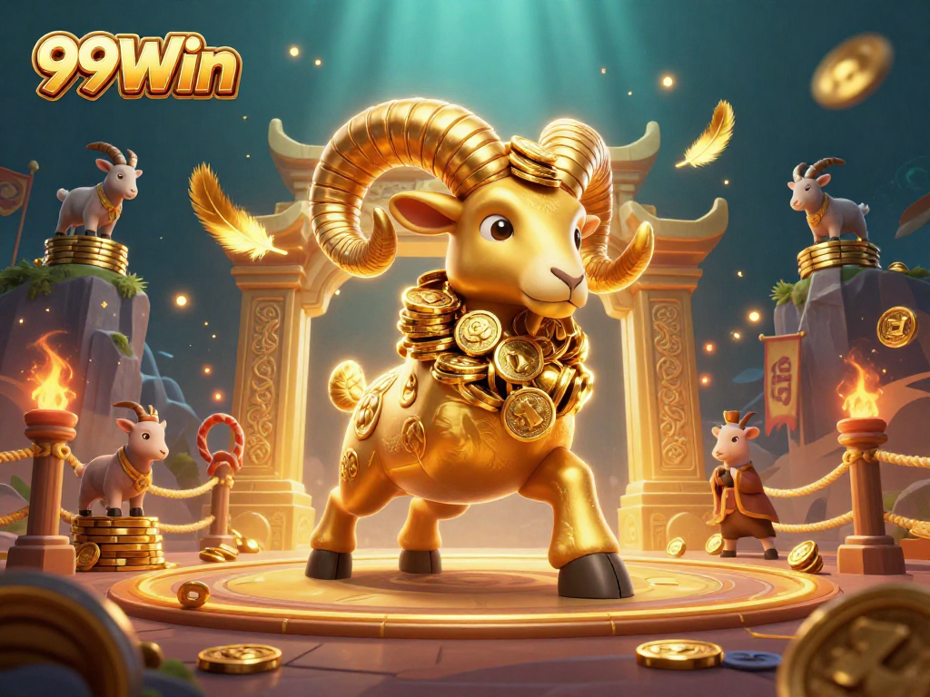 Experience the vibrant action of 99Win with a golden ram charging into a casino arena.