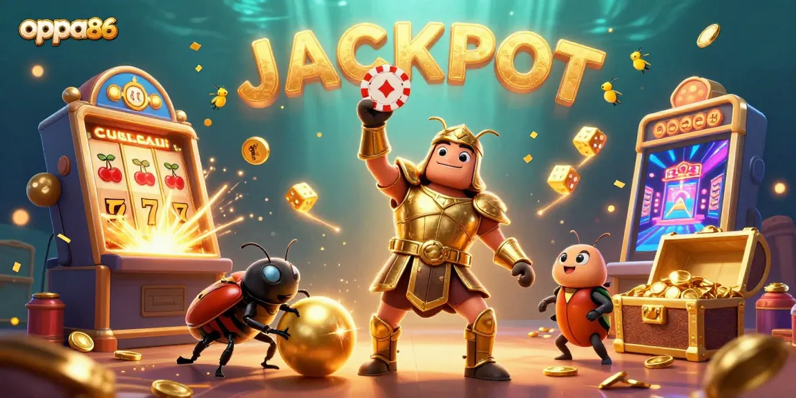 Experience the thrill of oppa86 with a jackpot scene of 3D cartoon characters and casino elements.