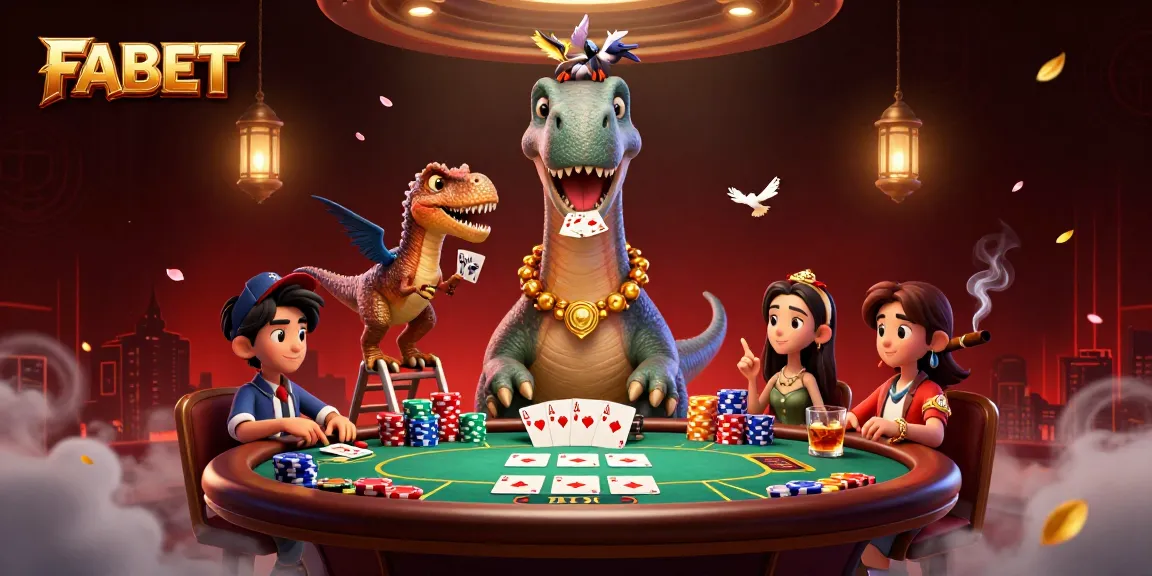 Experience FABET's high-stakes poker action with a whimsical 3D scene featuring dinosaurs