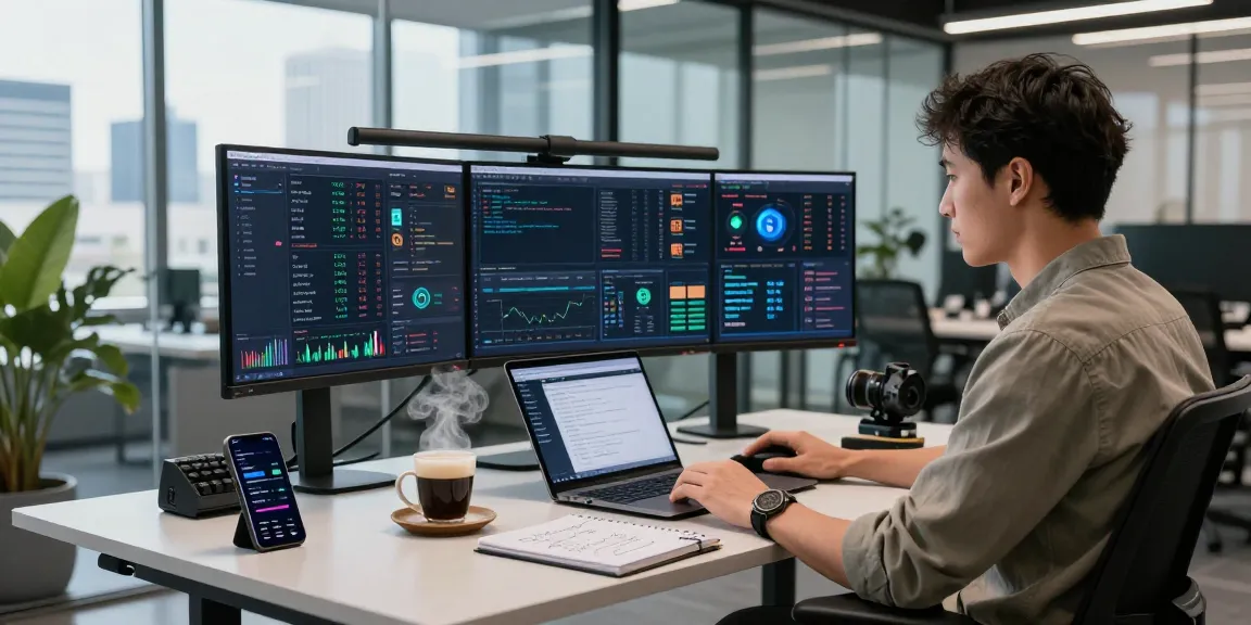 Developer using multi-exchange data interface for real-time financial analytics in a modern office setup.