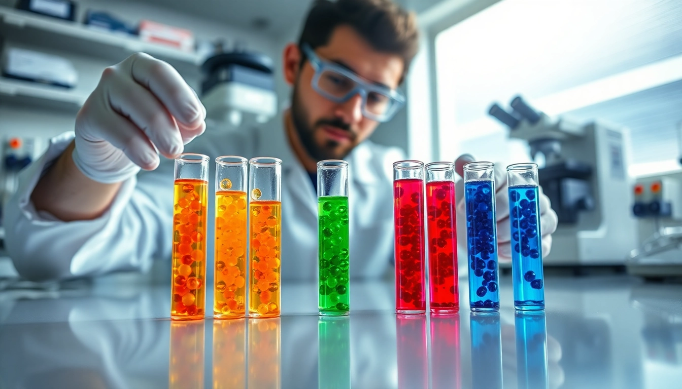 Scientist analyzing 5 amino 1mq peptide samples in a bright laboratory setting.