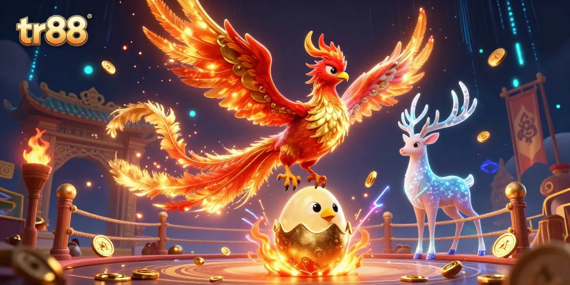 Engage in action-packed gaming with tr88's stunning 3D phoenix illustration featuring dynamic casino elements.