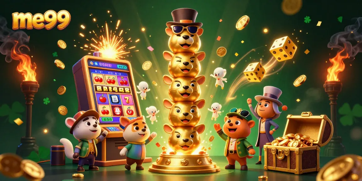 Engage with me99's vibrant casino world, featuring dynamic elements like a jackpot slot machine and colorful game lobby.