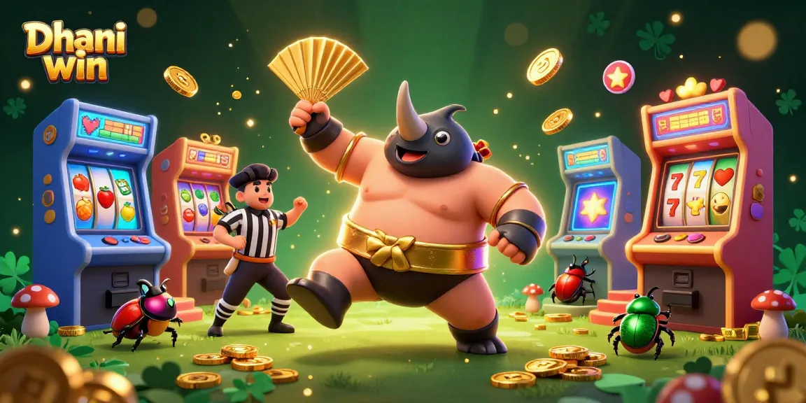 Dhani win game features a thrilling 3D beetle sumo champion amidst slot reels, arcade machines, and golden coins.