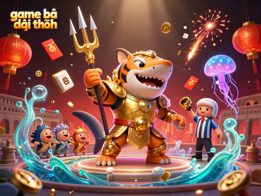 Engage with game bài đổi thưởng in this dynamic underwater colosseum featuring a tiger shark and enchanting gaming elements.
