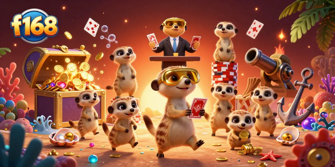 Experience f168's vibrant casino adventure as meerkats deal cards, sneak chips, and celebrate winnings.