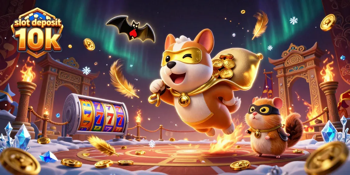 Experience the thrill of slot deposit 10k with engaging characters and casino elements in this festive 3D scene.