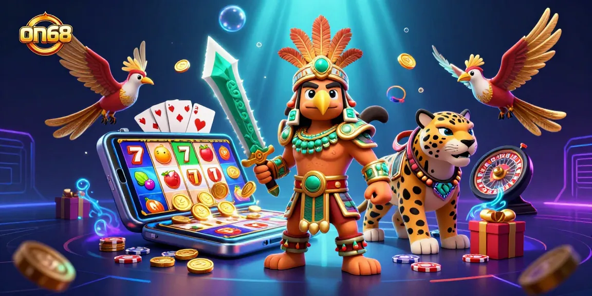 Spin the reels and win big with on68 in this vibrant casino-themed illustration.