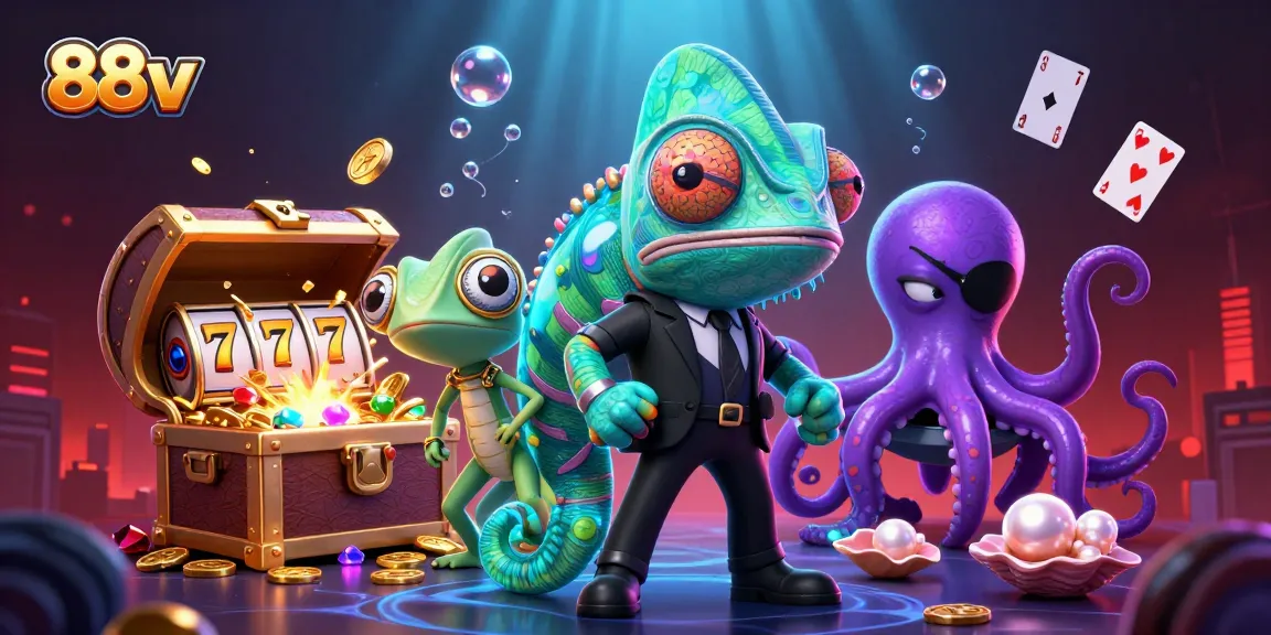 Engage your luck with 88vv's vibrant chameleon, techy gecko, and tricky octopus in a dynamic casino scene.