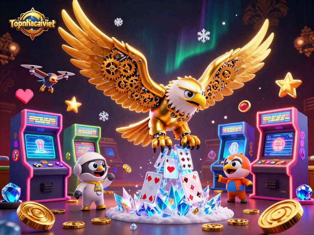 Engage with topnhacaiviet in a dynamic casino showcase featuring a cybernetic eagle in a vibrant 3D scene.