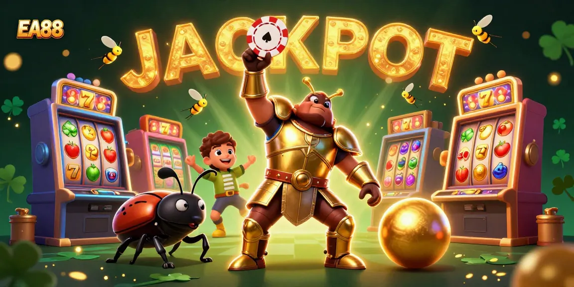 EA88 players celebrating a big win with jackpot symbols and game elements in a vibrant casino scene