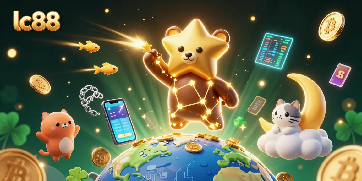 Experience exciting gaming with lc88 in a vibrant 3D casino-themed illustration featuring a constellation bear.