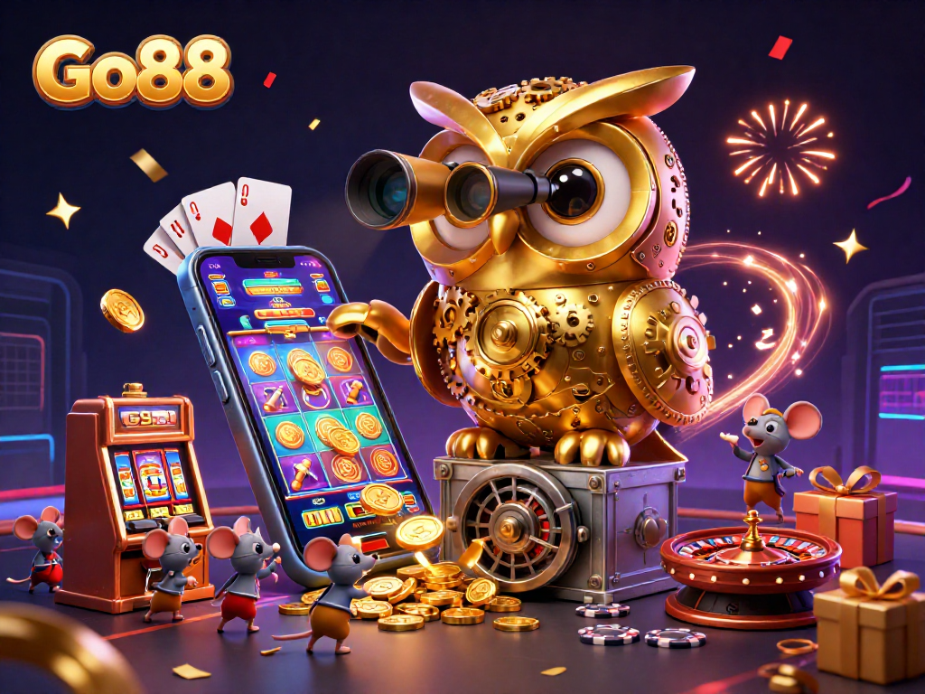 Experience the thrill of gaming with Go88's vibrant 3D illustration of a golden owl overseeing a bustling casino.
