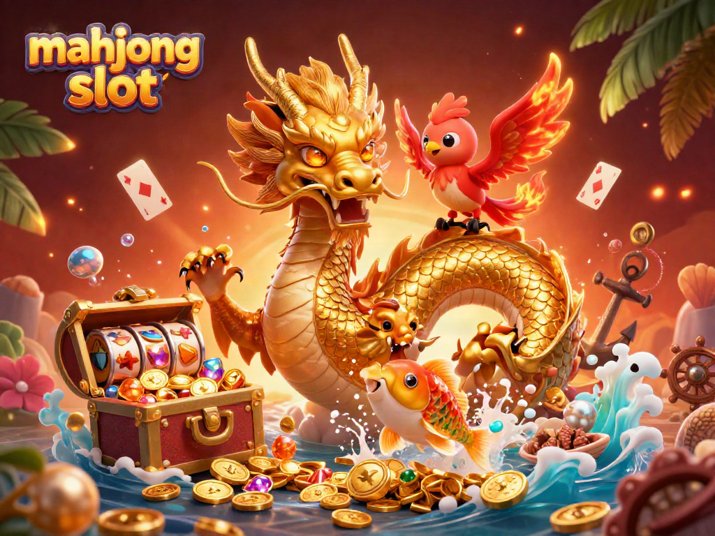 Spin the mahjong slot reels with vibrant symbols, featuring a mighty dragon and phoenix.