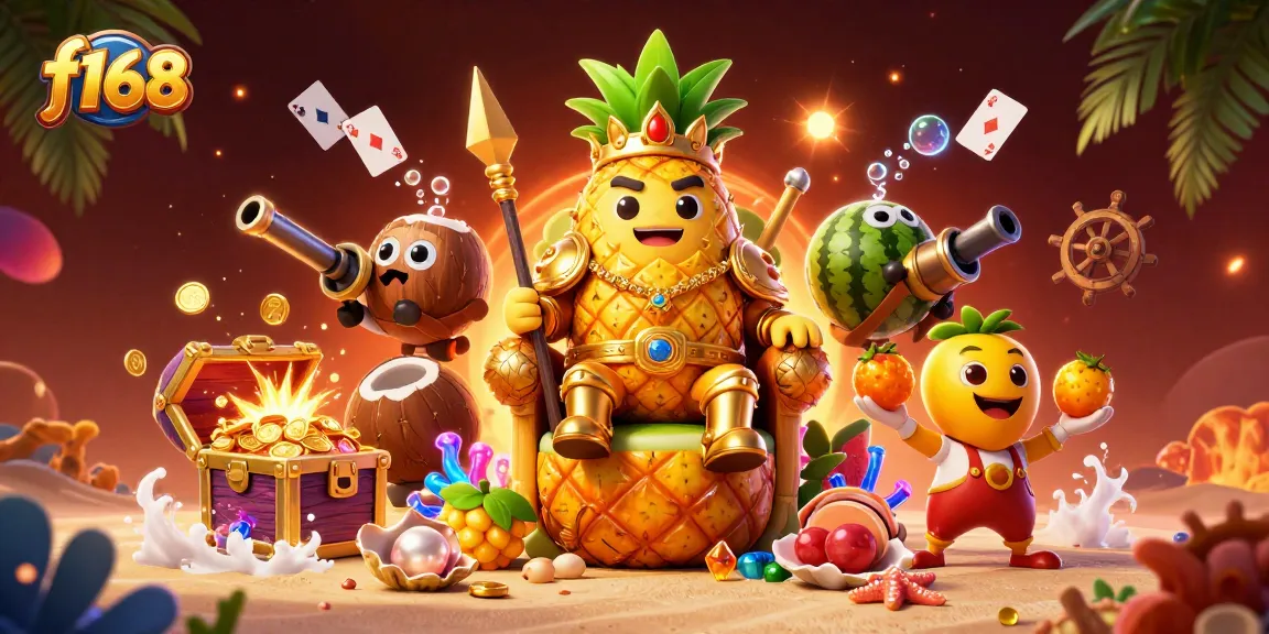Experience dynamic action at f168 with a golden pineapple king and coconut bodyguards in a vibrant beach casino.