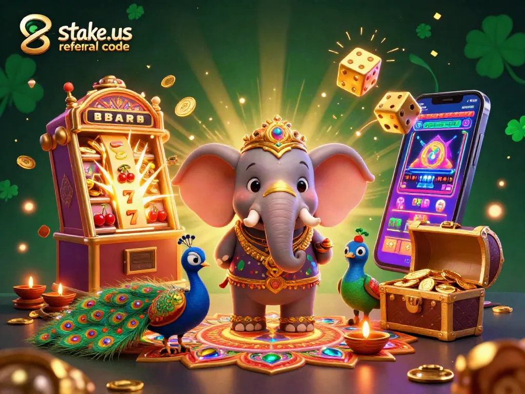 Claim bonuses with the stake.us referral code while exploring vibrant casino elements in a colorful scene.