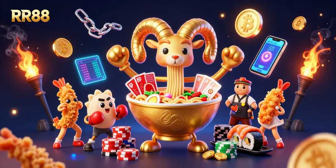 Engage with RR88’s vibrant 3D casino scene showcasing a dynamic cartoon-themed illustration featuring a giant golden ramen bowl.